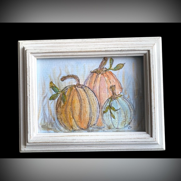 Pumpkins painting in original Watercolor. Framed. 5x7 inches. - Picture 1 of 8